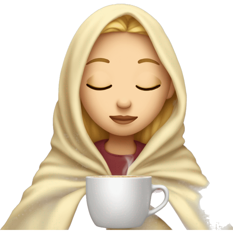 girl with blonde hair inside a blanket sipping coffee eyes closed emoji