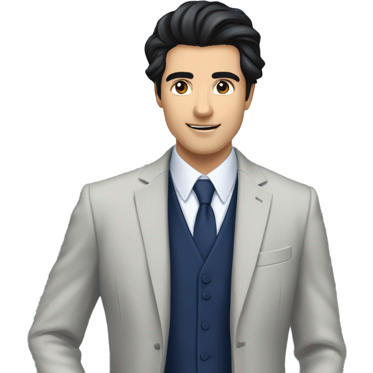 Handsome male, black hair, wearing dark blue suits, Background with buildings, white skin, pampadour cut emoji