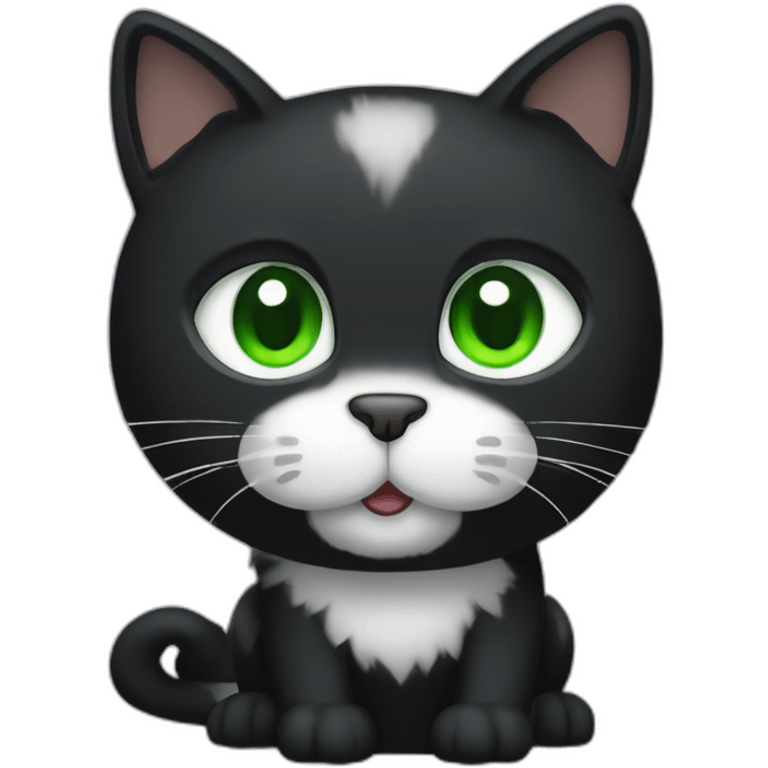 A black cat with green eyes with a white mustache, a white stripe on its nose, a full-length white breast and white paws emoji