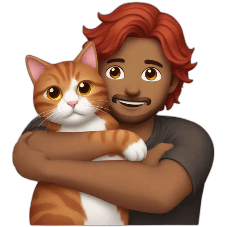 Black and brown hair man hugging red hair cat emoji