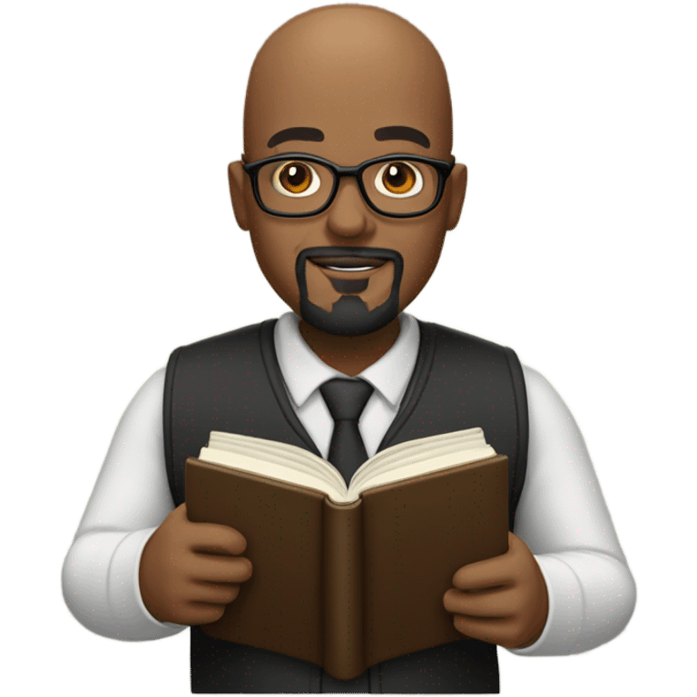 Bald head black professor with a goatee and glasses holding a book giving oratory. emoji