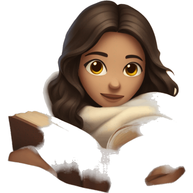 beautiful brunette girl hugging a book under a blanket emoji