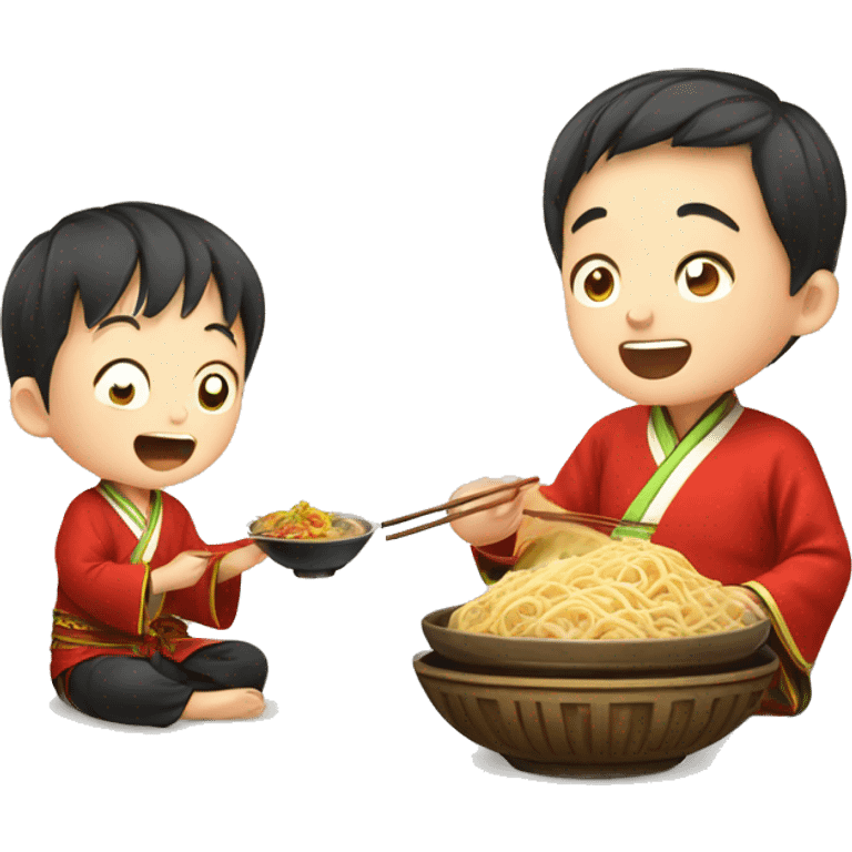 Chinese boy eating nodle and the boy get chinese traditional clothes emoji