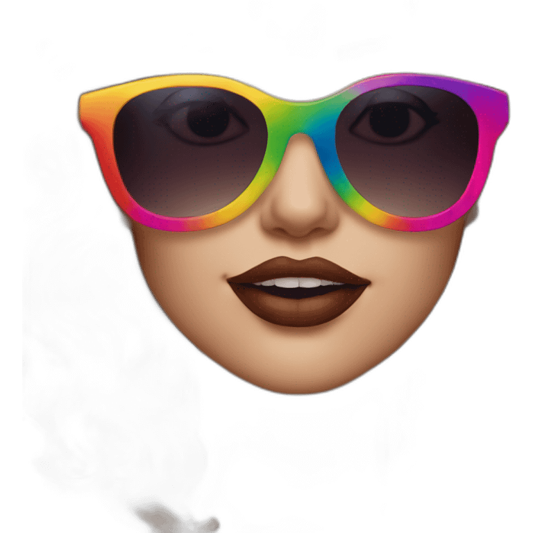 gay pride sunglasses on female head with wavy brown hair and rainbow lipstick emoji