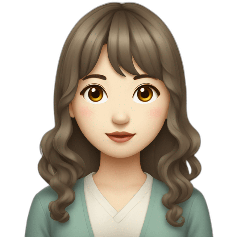 Korean student woman with bangs and wavy long korean hairstyle, light skin tone emoji