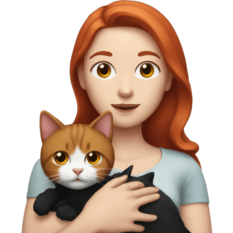 a woman with red hair holding a black and white cat in her arms emoji