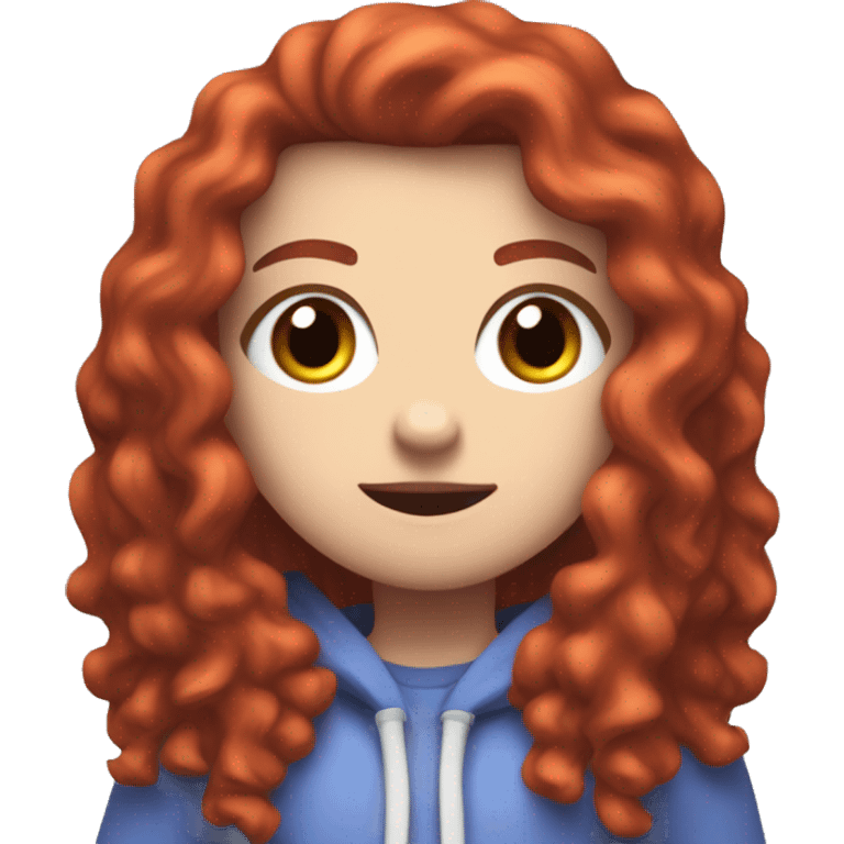 a white girl with long red curly hair, wearing periwinkle Minecraft hoodie playing a videogame emoji