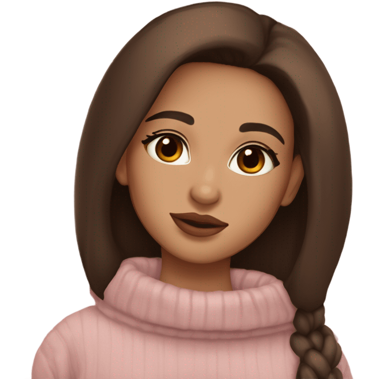 Albania girl,model light skin, long eye lashes, pink beige volume lips, brown eyes, long chocolate brown straight hair, cozy pullover emoji