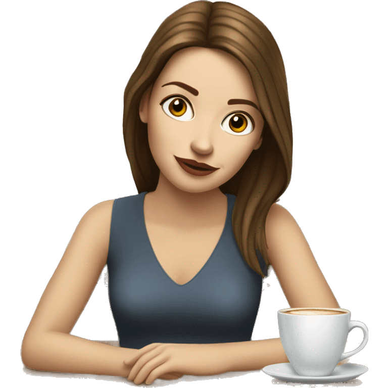 Side view realistic posh brown straight haired pale woman sits at the coffee table emoji