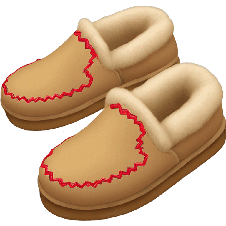 Ugg Camel slip-on slippers. A thin red zig-zag stitch only encircling ankles, VERY chunky platform sole. emoji