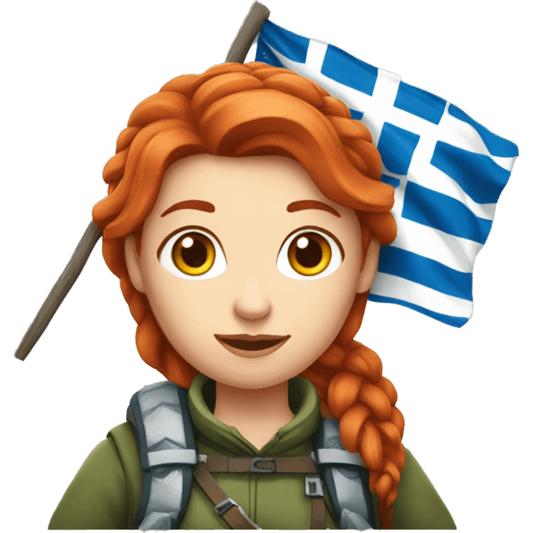 red hair female winter mountaineer offering Easter eggs and Greek flag emoji