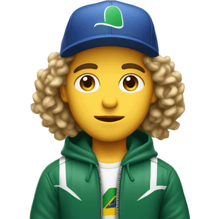 young white guy with small wavy hair with brazilian race jacket and hat serious emoji