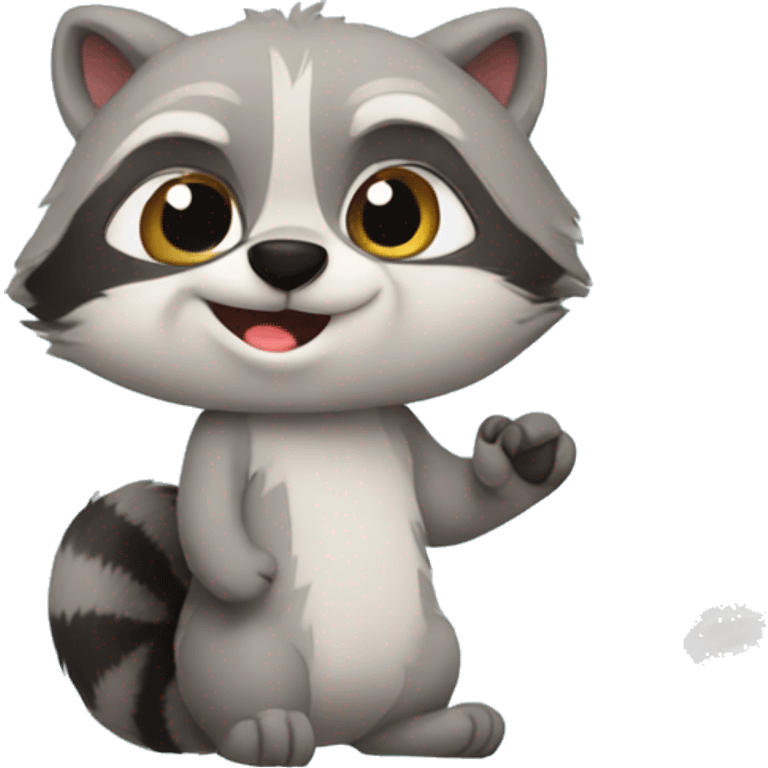 A cute fluffy raccoon waves his paw and greets emoji