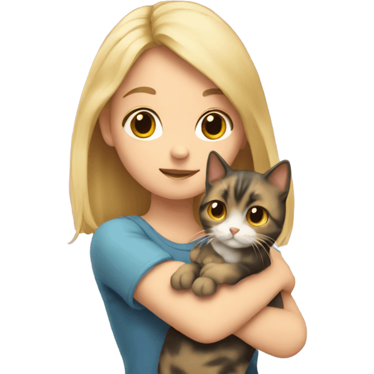 A blonde girl holding a calico cat with her hands emoji