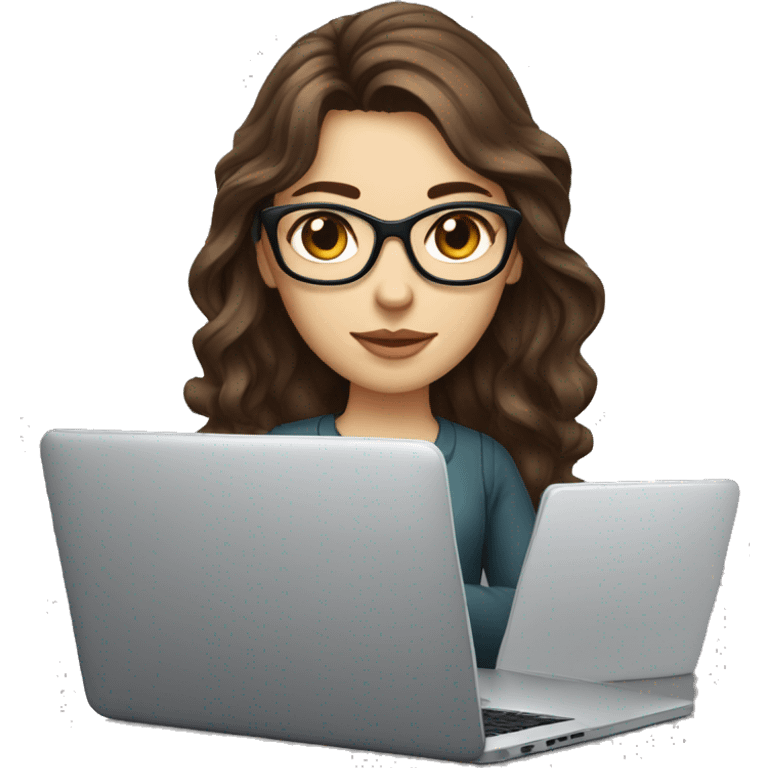 female coder with apple laptop in front of her, long wavy brown hair, brown eyes, type of glasses cat eyes, white skin, dark-brown wavy hair, red clothes emoji