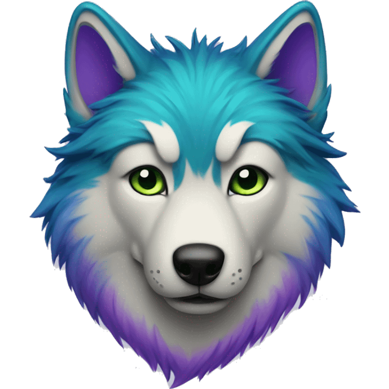 Blue fur green and purple highlights wolf emoji