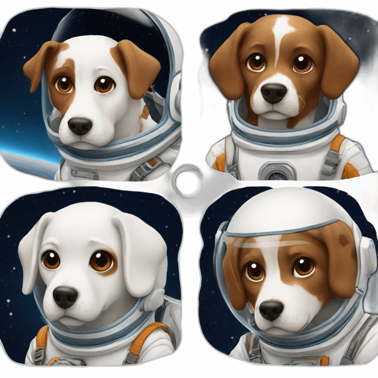 Two dogs, one brown and the other white with brown spots, both wearing astronaut suits. emoji