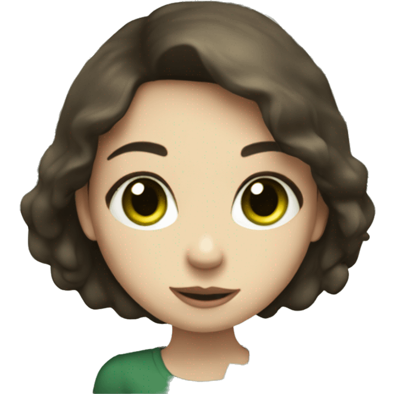 A white-skinned girl with green eyes and dark brown hair holds a lot of money emoji