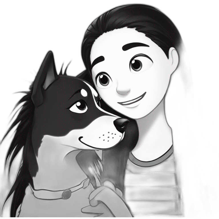 a dog and a dark-haired girl with spiky hair looking at each other in style of ((sarah andersen)), black and white emoji