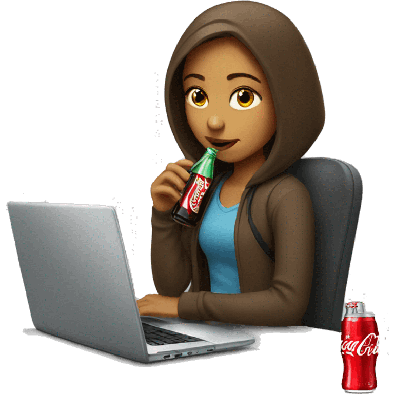 tired girl with laptop drinking coca-cola emoji