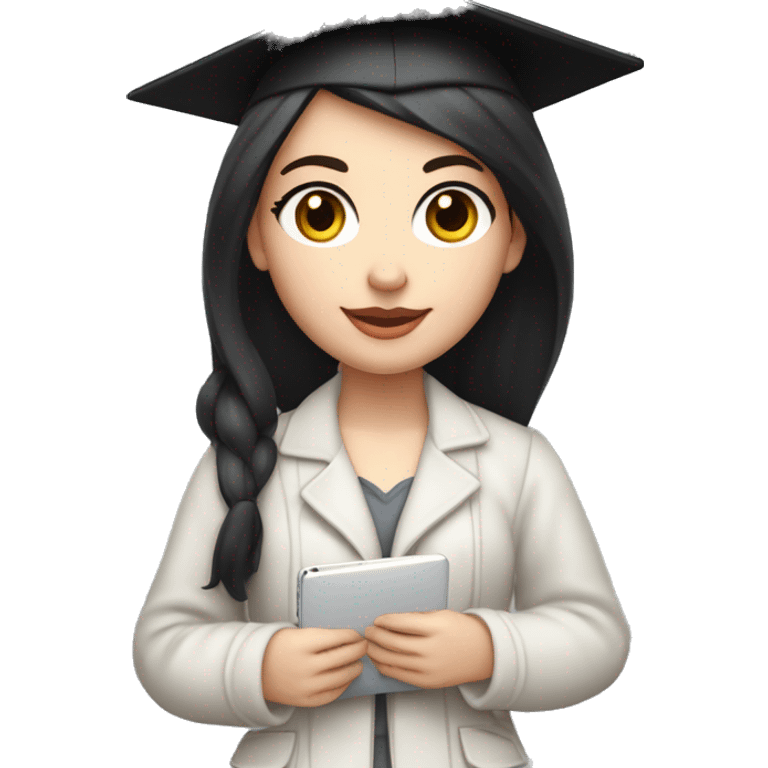 pale skin girl graduate student with middle length black hair,wearing graduate black cap, gray eyes, White classical jacket, blouse, Gray skirt holding a Macbook in the hands emoji