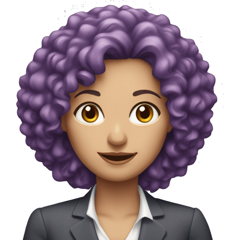 European, purple curly hair, woman, middle-aged, professional attire. emoji