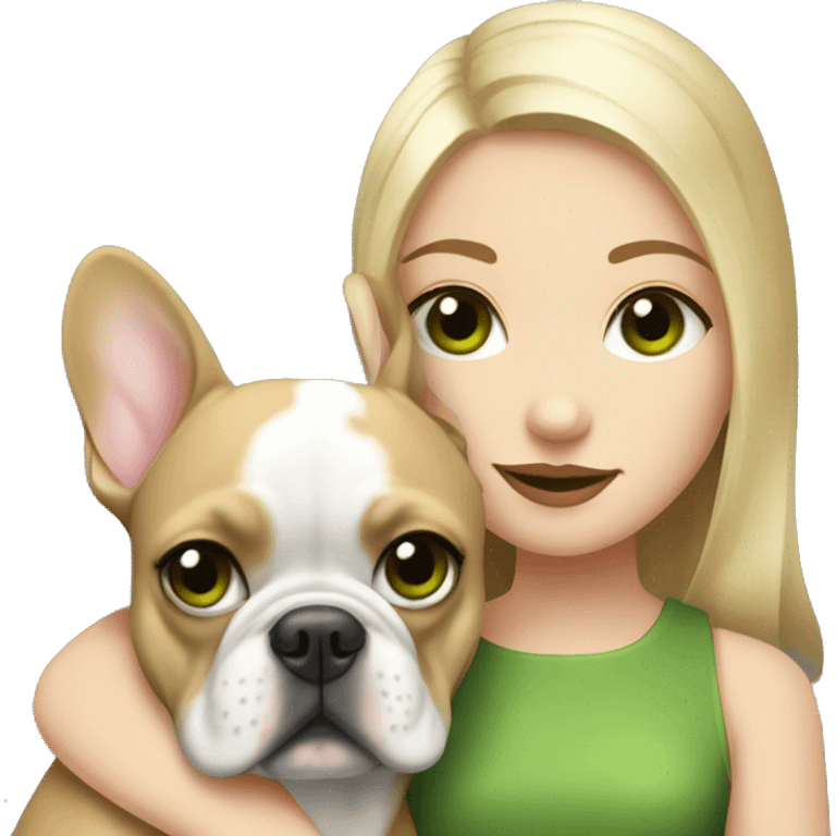 A blonde girl with green eyes with a square hugs a French bulldog with brown eyes and dark gray fur emoji