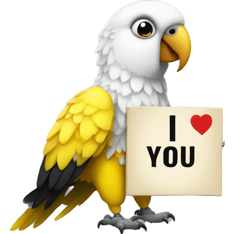 white and yellow parrot  holding a sign with the black inscription i love you emoji