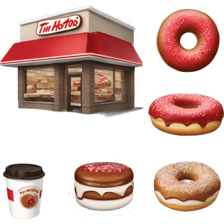 “Tim Hortons store with a red and white color scheme, featuring the classic Tim Hortons logo, a warm and welcoming design that represents a popular coffee and donut shop.” emoji