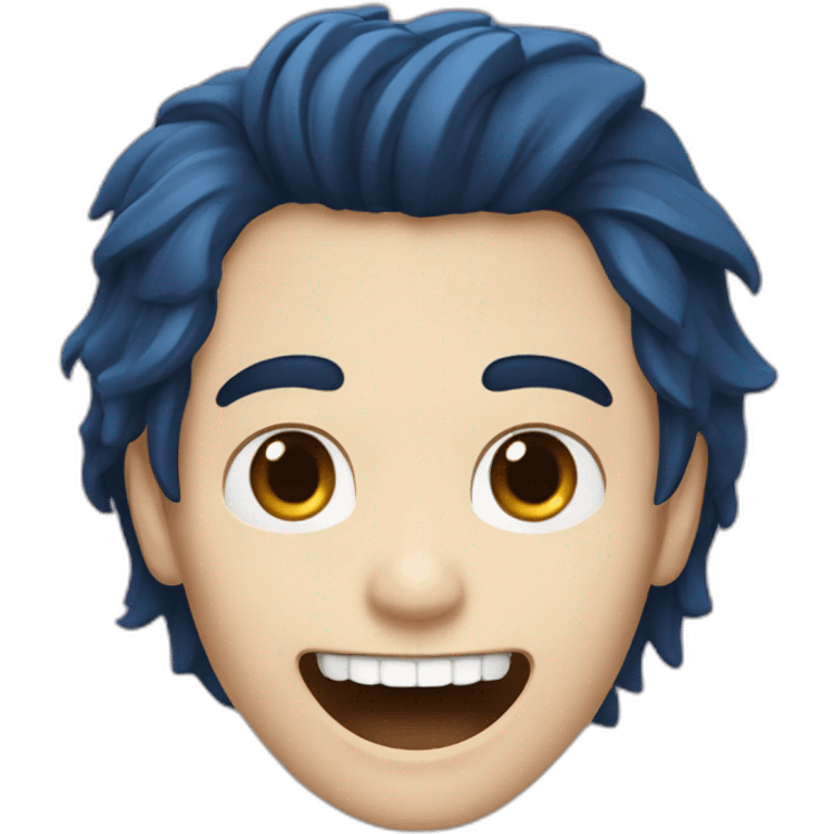 Un jeune homme brun les cheveux bleus qui sourit avec des dents de vampire emoji