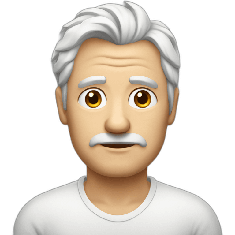 Unsure european shaved guy in his fifties with mid long white hair wearing a shirt emoji