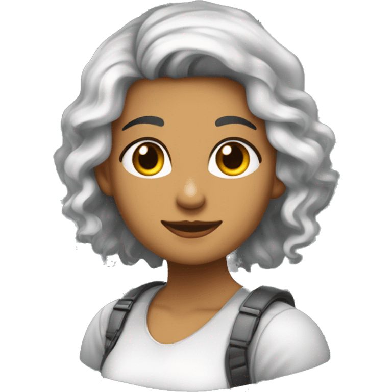 Chica de pelo castaño oscuro con mechones claras, piel trigueña, facciones angelicales emoji