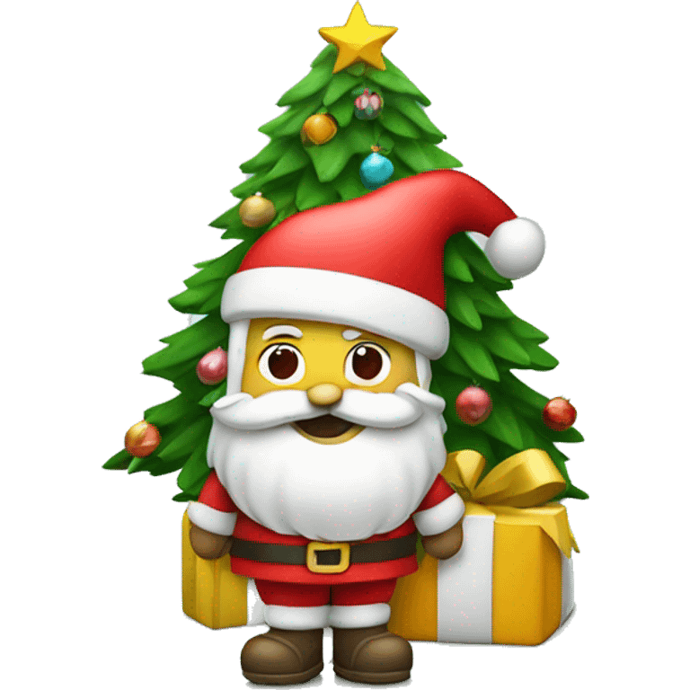 Santa next to a Christmas tree with presents emoji