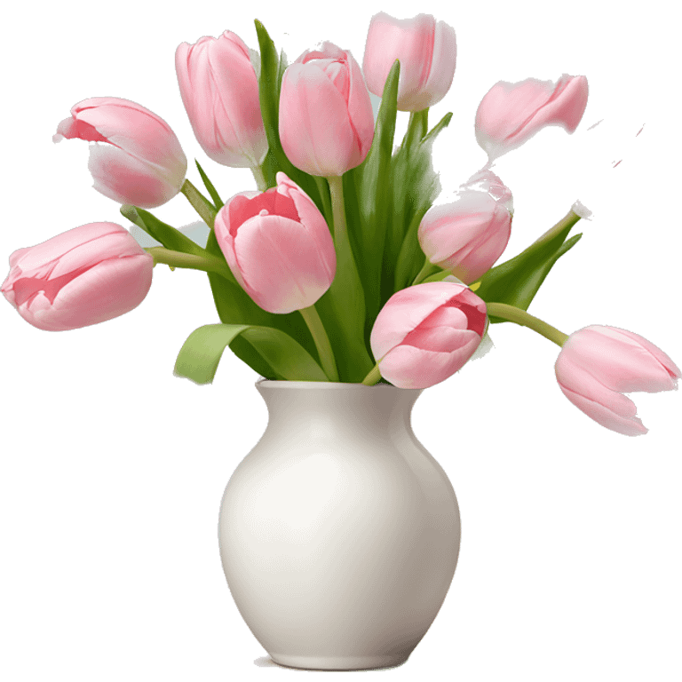 Light pink tulips in white vase in bow  emoji