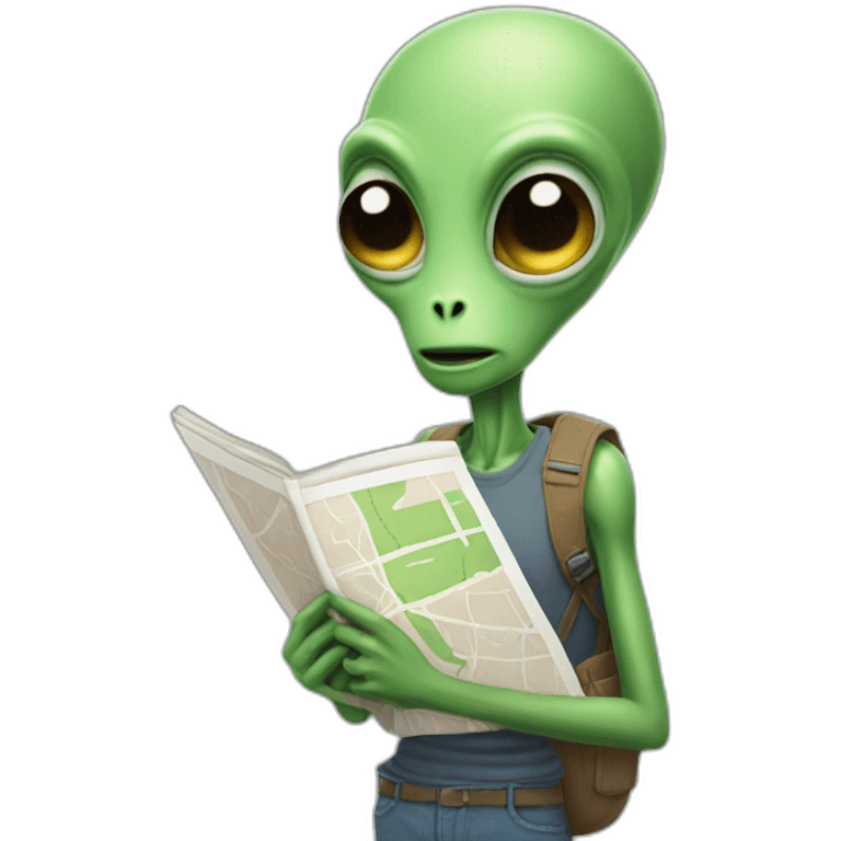 skinny tall alien wearing a fanny pack and holding a map emoji