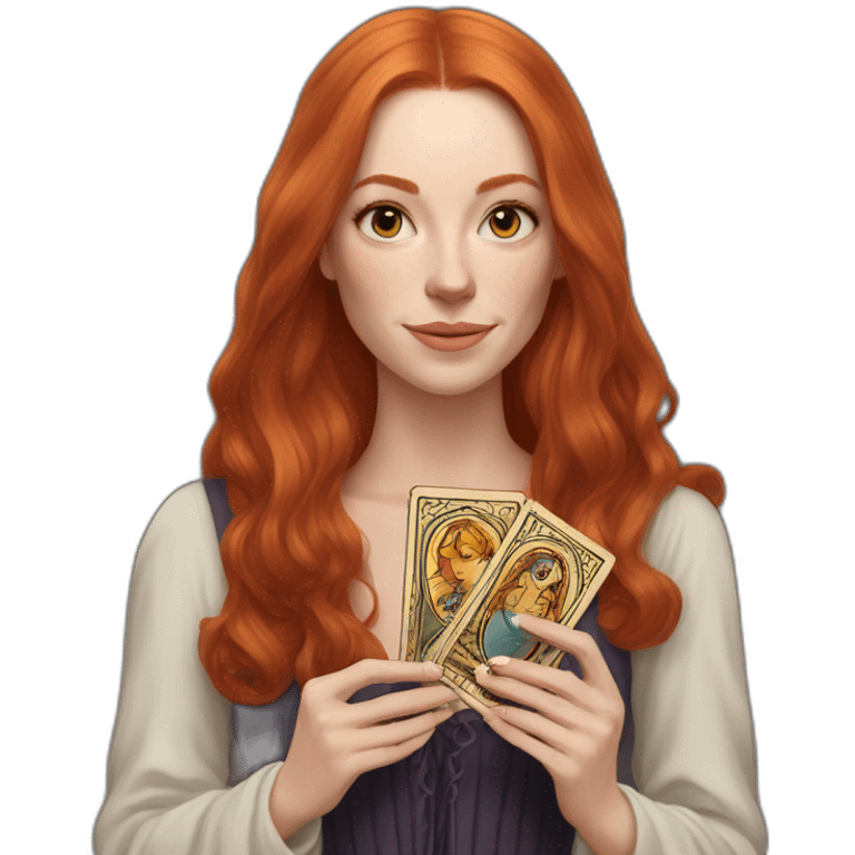 redhead white woman medium long straight hair, holding a tarot card in her hand emoji