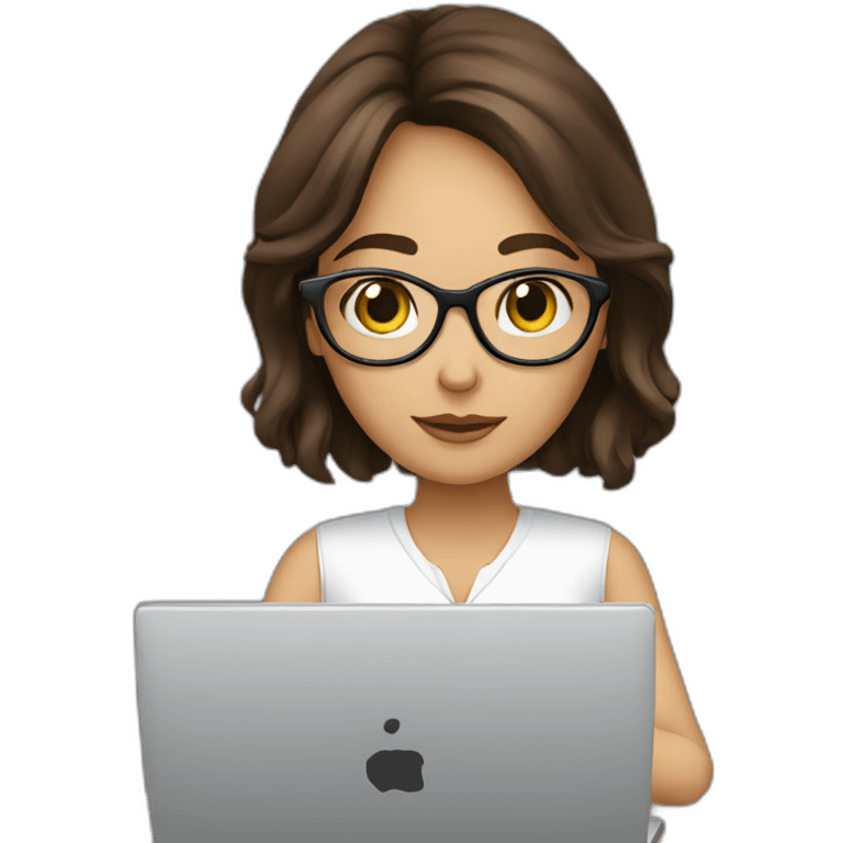 Brunette with glasses resting chin on hand gazing at laptop emoji