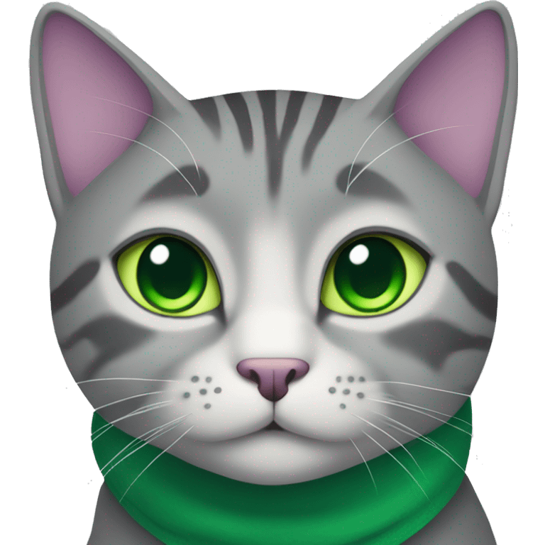 grey tabby cat with green eyes and purple collar emoji