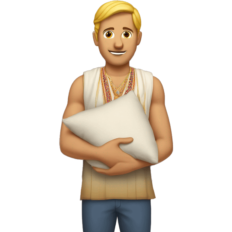 white man holding a pillow, weaing indian festival outfit emoji