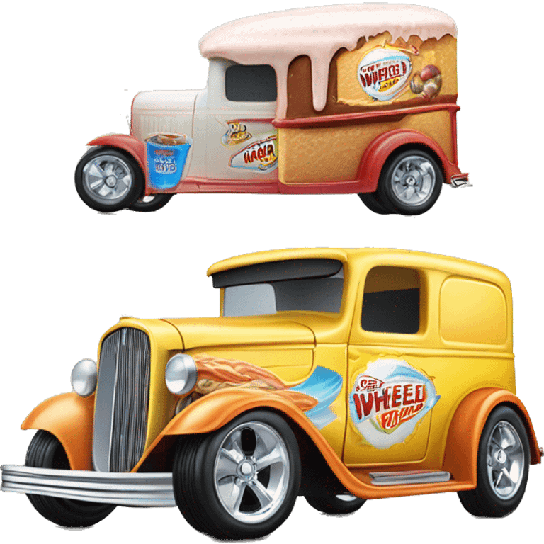 Hot rod, Hot wheels style, large ice cream panel truck from 1934 with wide chrome mag wheels, blue, no ice cream on top of truck, open selling window.  emoji