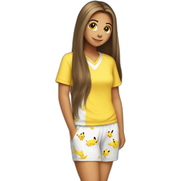 Brown straight long hair white woman wearing pikachu pyjama emoji