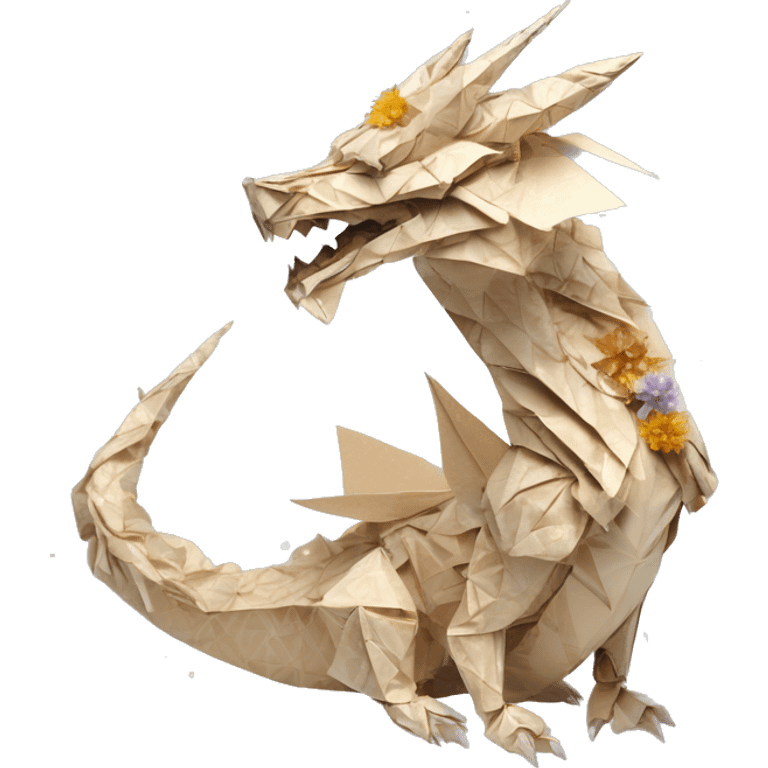 Sparkling patterned Beige Origami dragon with a dried flower crown made of newspapers intricate patterns surrounded by fairy lights nebula galaxy stars swirls iridescent holographic  emoji