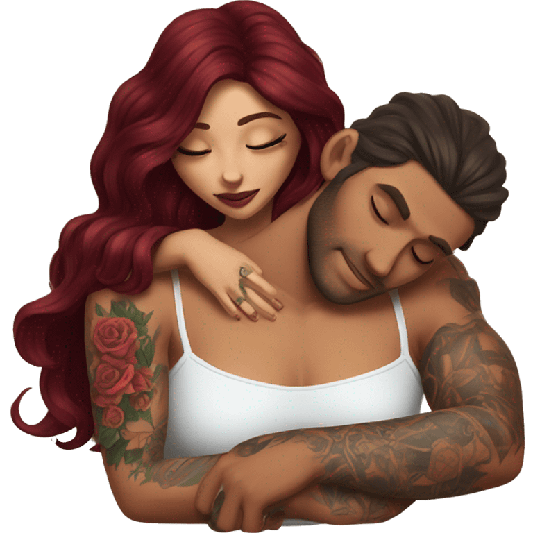 Beautiful tattooed burgundy long haired woman laying on the boyfriends chest emoji