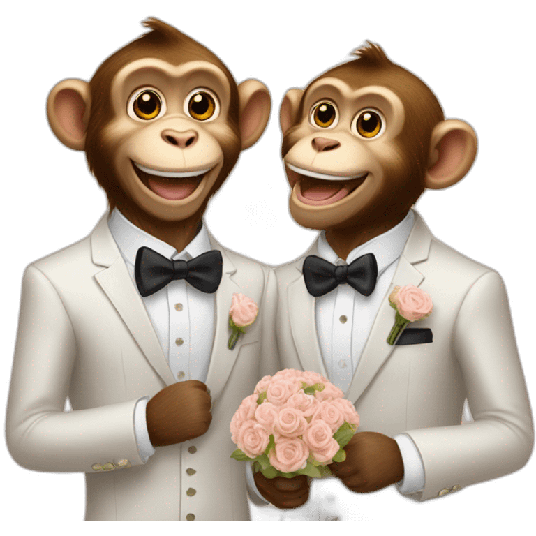 Two male monkeys celebration their wedding accompained with their golden retriever. emoji