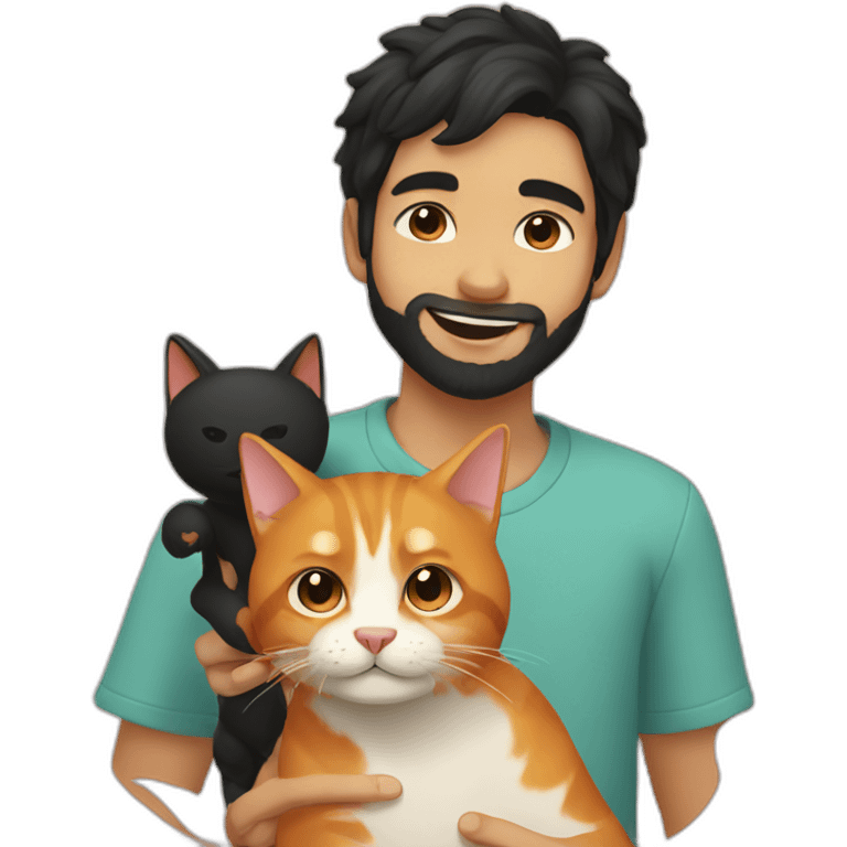 Boy with black hair and beard playing with ginger cat emoji