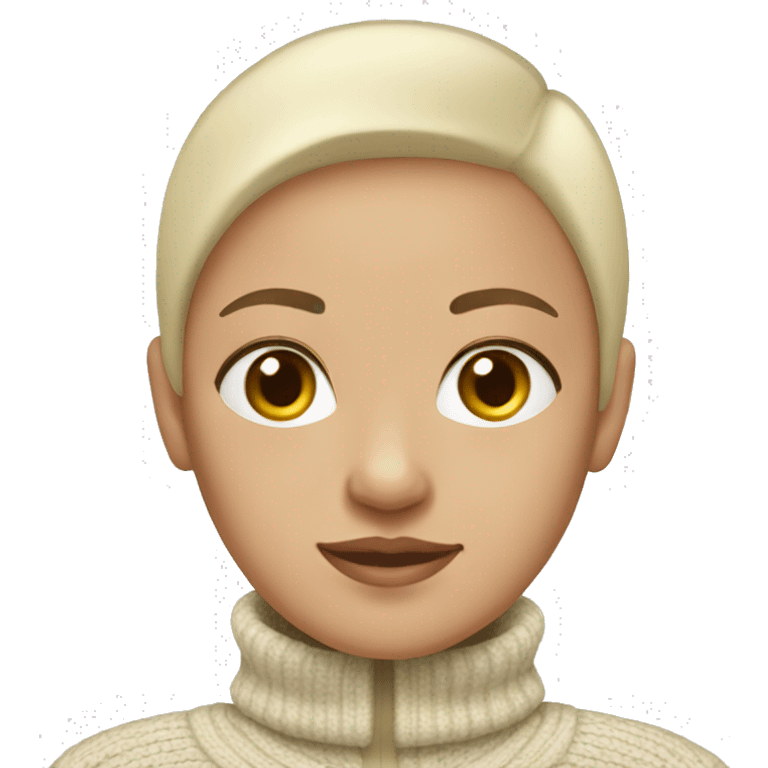 a bald girl wearing a white turtleneck sweater and a beige jacket out the sweater. She is bald emoji