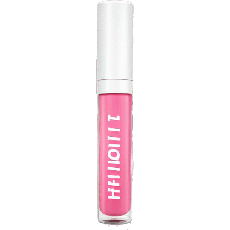 Pink lip gloss with white writing on the side and a white cap emoji