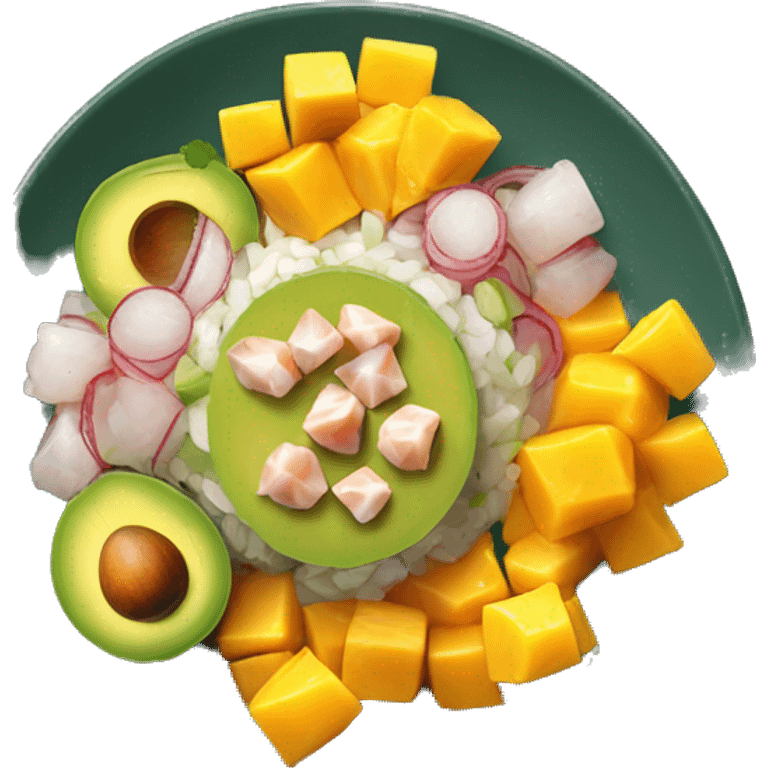 ceviche in a plate with mango and avocado dice emoji