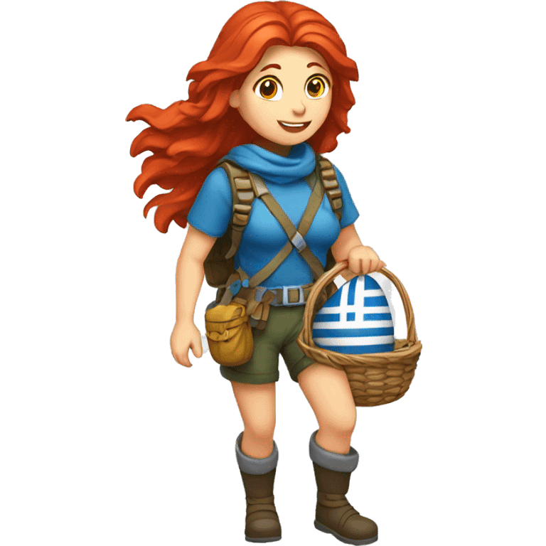 Female mountaineer red hair climbing with Greek flag and holding Easter eggs basket emoji