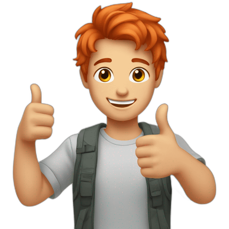 a young man with short red hair smiling and giving a thumbs up emoji